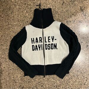 harley cable knit zip cardigan black and white cropped motorcycle graphic large